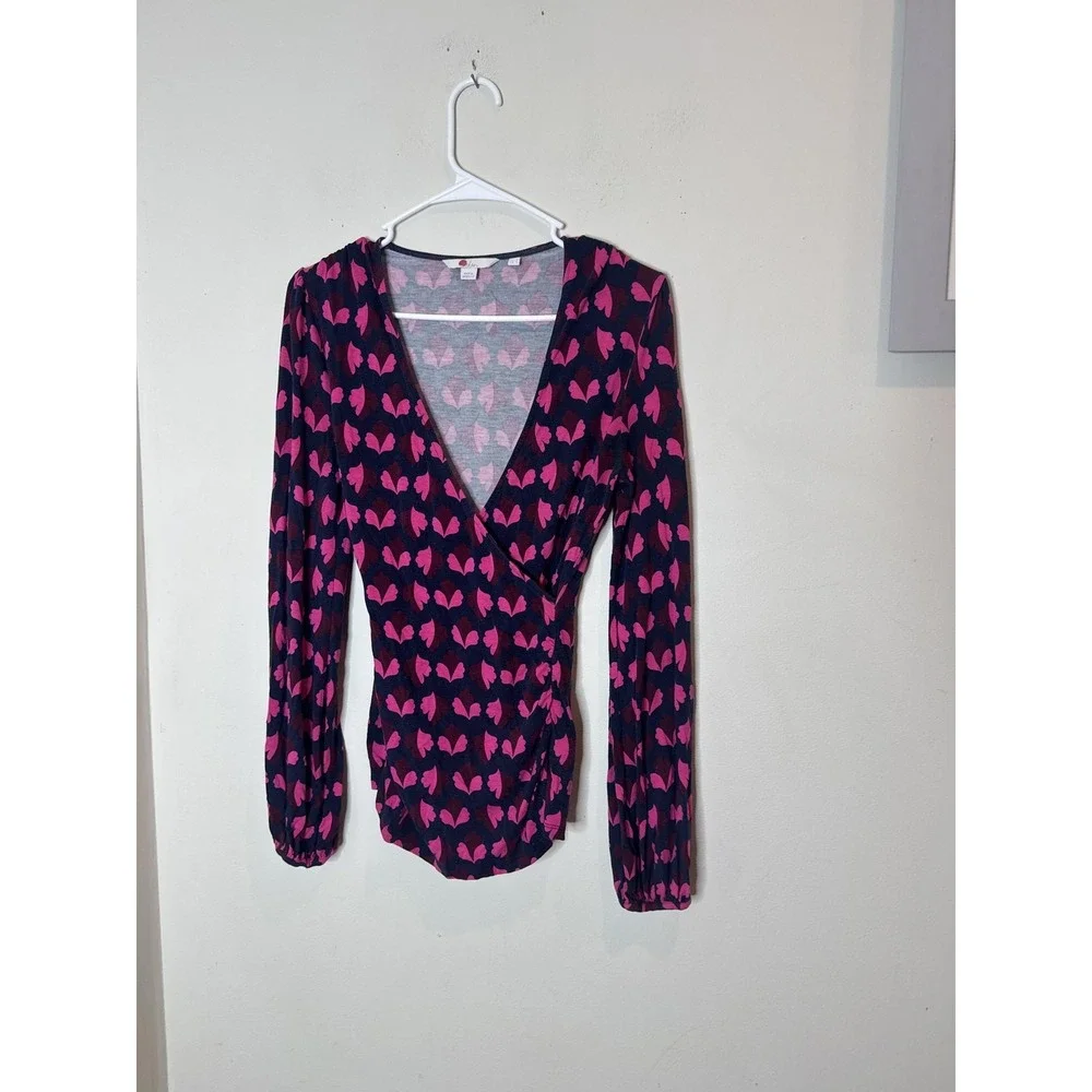 Boden Blouse Womens 4 Blue Pink Floral V Neck Jersey Wrap Top Long Sleeve Ruched